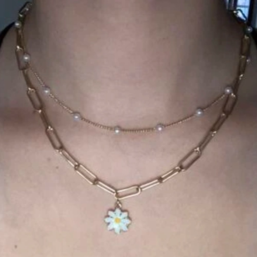 Double Gold-tone Chain and Daisy Necklace